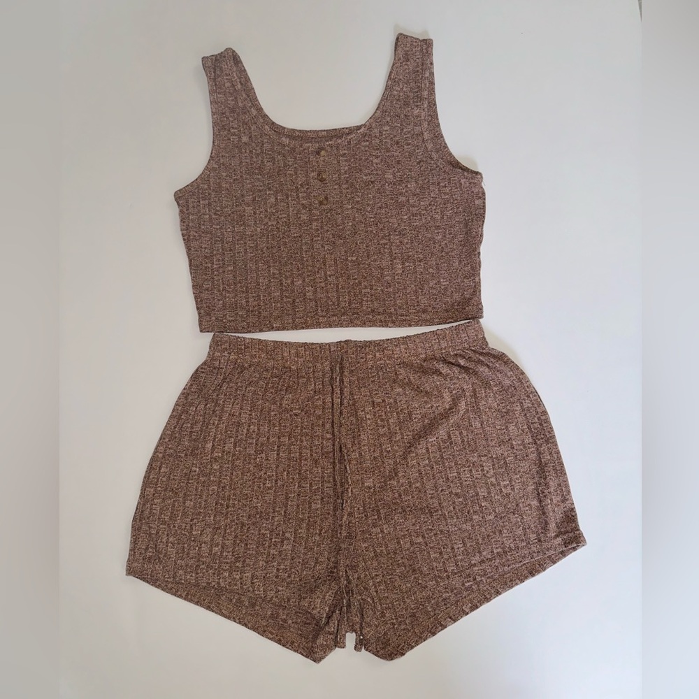 Brown/Tan 2 piece set. Cropped tank top with shorts. Size medium.